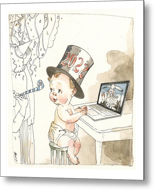 Ringing In The New Year (on Zoom) Metal Print featuring the painting Ringing in the New Year On Zoom by Barry Blitt