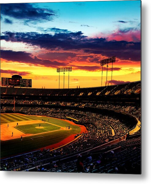 Oakland Metal Print featuring the digital art The Oakland-Alameda County Coliseum in sunset light by Nicko Prints
