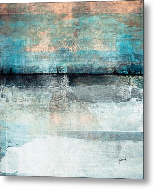 Blue Metal Print featuring the painting Winter Dawn - Abstract Countryside Landscape In Blue White Gold Copper And Blue Color Tones by iAbstractArt