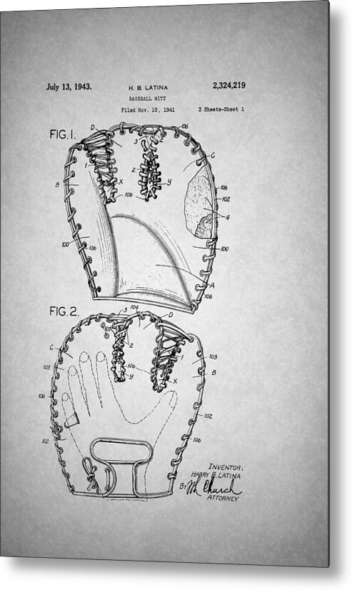 Patent Metal Print featuring the drawing Baseball Glove Patent 1943 #1 by Mountain Dreams