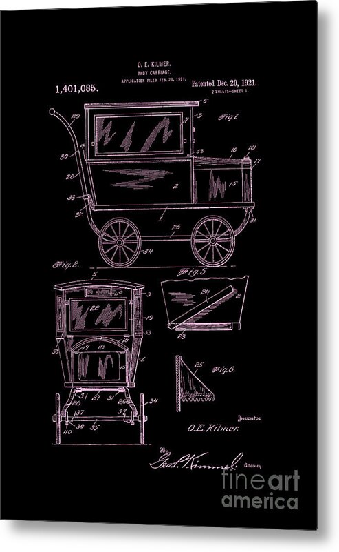 1921 Metal Print featuring the digital art 1921 Kilmer Patent Baby Carriage-Inverted Pink by Lesa Fine