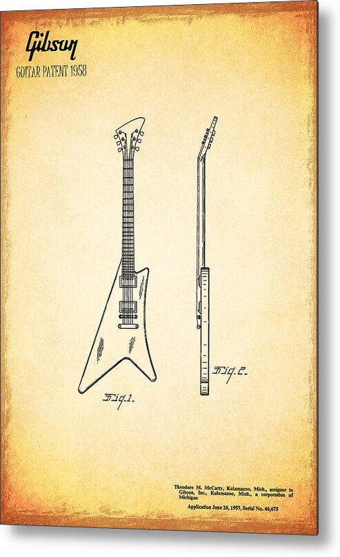 Guitar Patent Metal Print featuring the photograph 1958 Gibson Guitar Patent by Mark Rogan