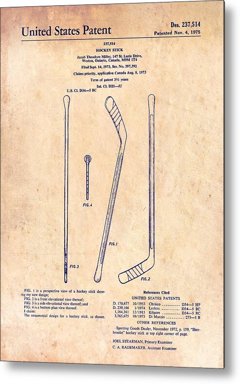 Patent Metal Print featuring the drawing Hockey Stick Patent 1975 #2 by Mountain Dreams