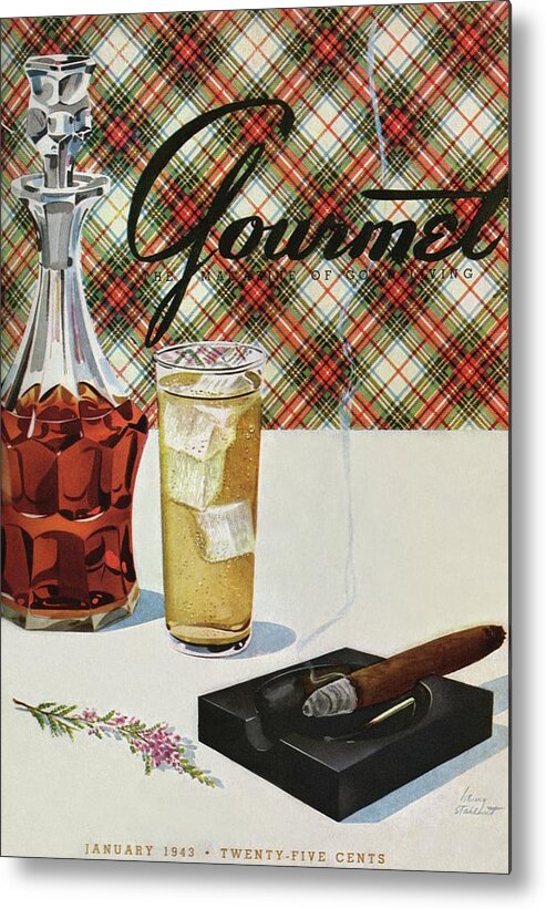 Illustration Metal Print featuring the photograph A Cigar In An Ashtray Beside A Drink And Decanter by Henry Stahlhut