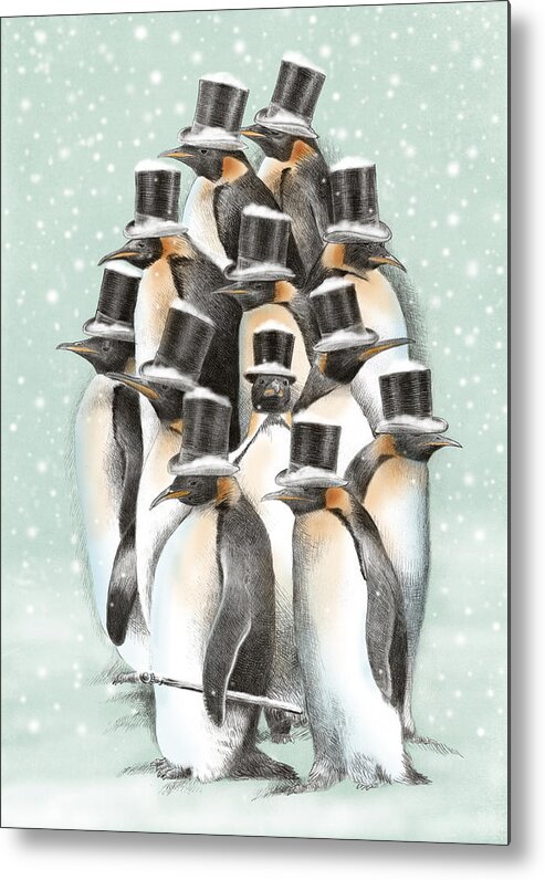 Penguins Metal Print featuring the drawing A Gathering in the Snow by Eric Fan