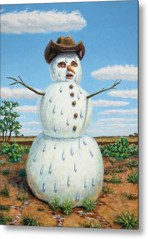 Snowman Metal Print featuring the painting A Snowman in Texas by James W Johnson