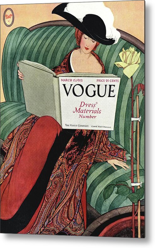 Illustration Metal Print featuring the photograph A Vogue Cover Of A Woman Reading A Vogue Book by George Wolfe Plank