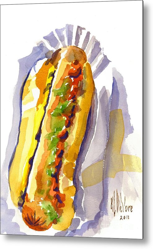 All Beef Ballpark Hot Dog With The Works To Go In Broad Daylight Metal Print featuring the painting All Beef Ballpark Hot Dog with the Works to Go in Broad Daylight by Kip DeVore