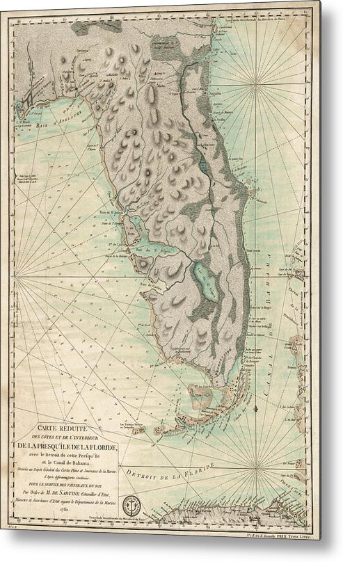 Florida Metal Print featuring the drawing Antique Map of Florida - 1780 by Blue Monocle
