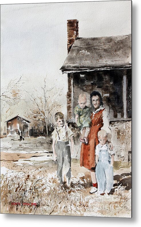 Two Boys And A Girl Pose For A Photograph With Their Aunt In The Yard Of Their Home In Missouri. Metal Print featuring the painting Aunt Peg by Monte Toon