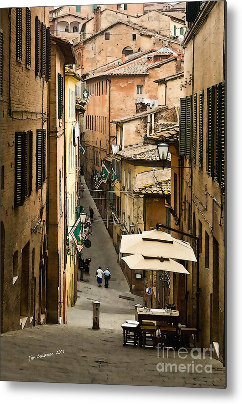 Elderly Couple Walking Down Narrow Street In Sirena Italy Metal Print featuring the photograph Back Street in Siena Italy by Jim Calarese