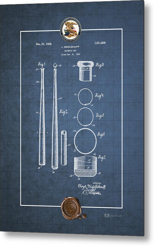 C7 Sports Patents And Blueprints Metal Print featuring the digital art Baseball bat by Lloyd Middlekauff - Vintage Patent Blueprint by Serge Averbukh