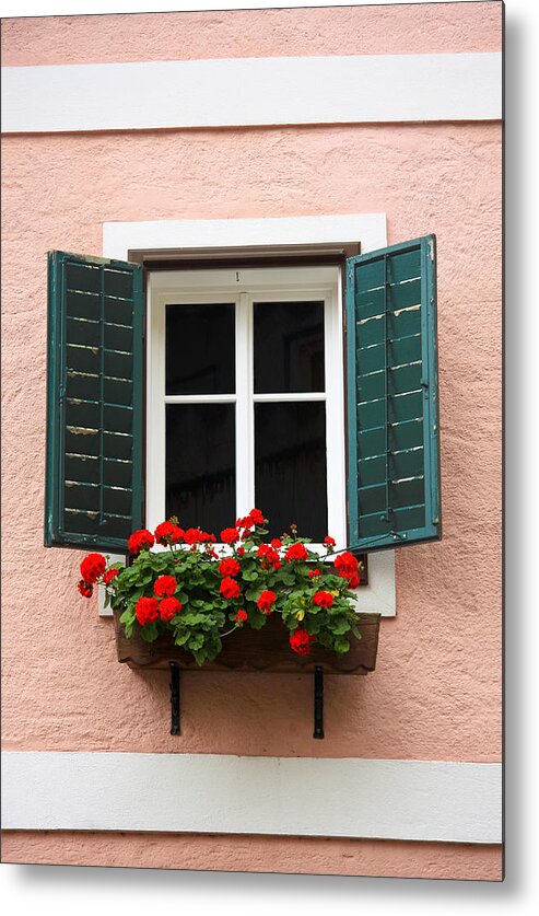 Austria Metal Print featuring the photograph Beautiful window with flower box and shutters by Sue Leonard