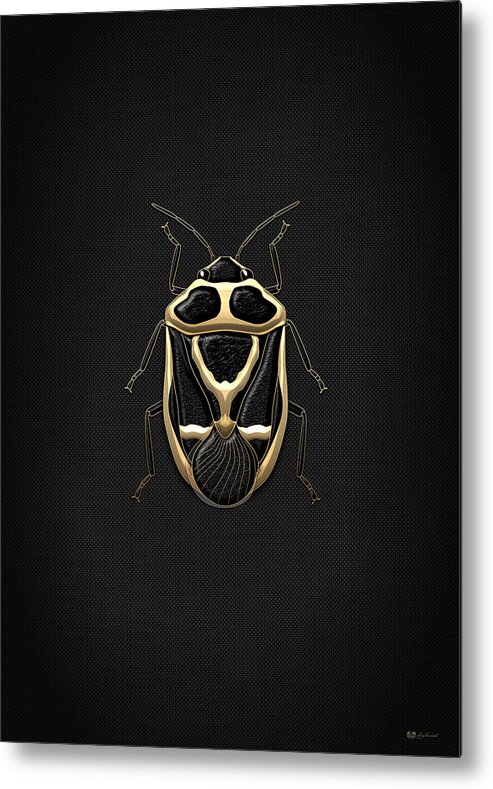Beasts Creatures And Critters Collection By Serge Averbukh Metal Print featuring the digital art Black Shieldbug with Gold Accents on Black Canvas by Serge Averbukh