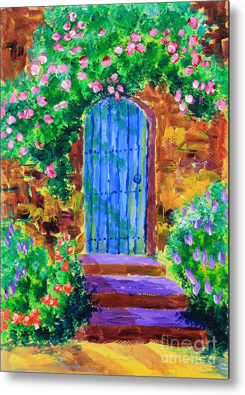 Blue Door Metal Print featuring the painting Blue Wooden Door to Secret Rose Garden by Beverly Claire Kaiya