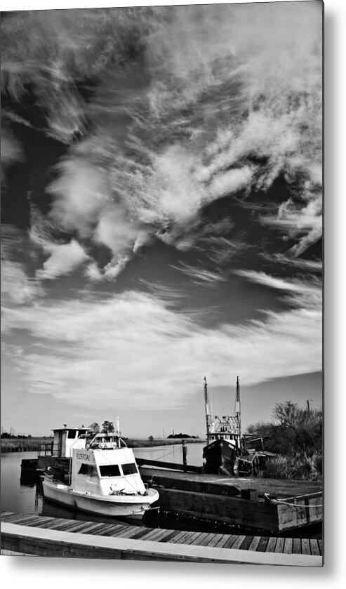 Black & White Metal Print featuring the photograph Boats and Sky BW by George Taylor