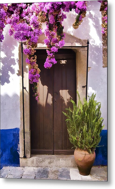 Blue Metal Print featuring the photograph Brown Wood Door of the Medieval Village of Obidos by David Letts