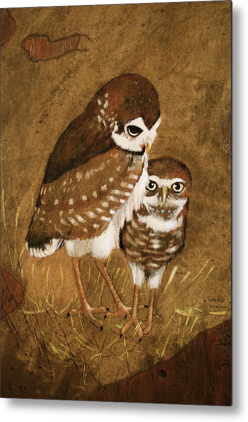 Burrowing Owls Metal Print featuring the painting Burrowing Owls by Richard Hinger