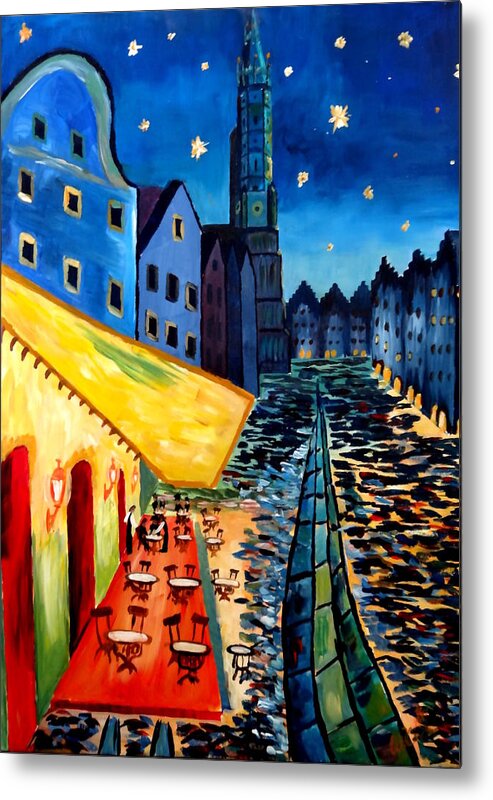 Cafe Terrace Metal Print featuring the painting Cafe Terrace in Landshut - inspired by Van Gogh by M Bleichner