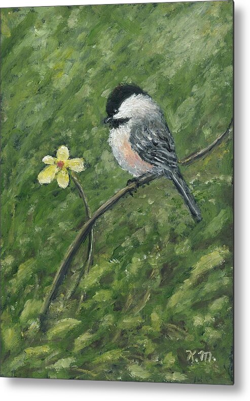Chickadee Metal Print featuring the painting Chickadee and Yellow Flower by Kathleen McDermott