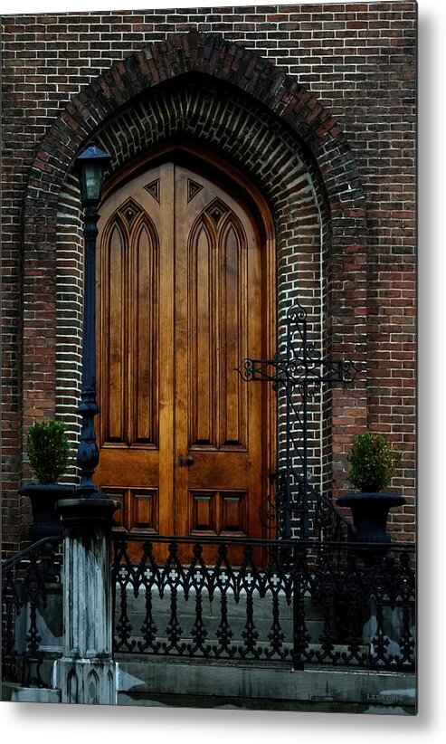 Architectural Photography Metal Print featuring the photograph Church Arch and Wooden Door Architecture by Lesa Fine