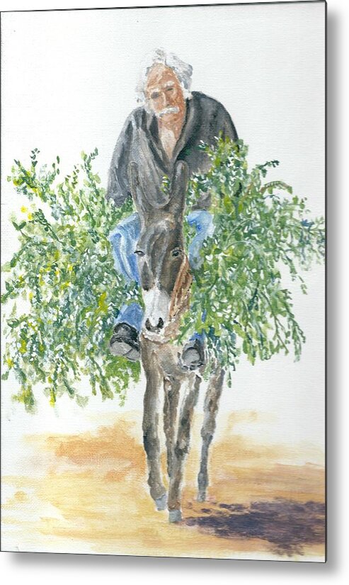 Crete Metal Print featuring the painting Cretan donkey and owner by David Capon