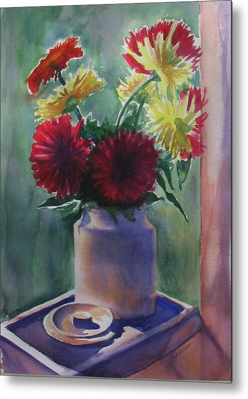 Flowers Metal Print featuring the painting Dahlias on a window sill by Heidi E Nelson