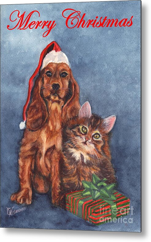 Greeting Metal Print featuring the painting Dog and Cat Merry Christmas  by Carol Wisniewski