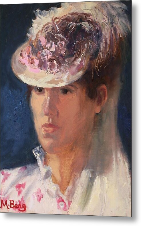 Portrait Metal Print featuring the painting Feathery Hat by Marian Berg