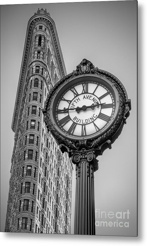 5th Ave. Metal Print featuring the photograph Flatiron and Clock Black and White by Jerry Fornarotto
