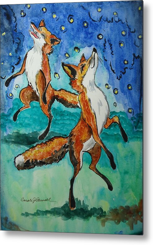 Foxes Metal Print featuring the painting Foxes and Fireflies by Carole Powell