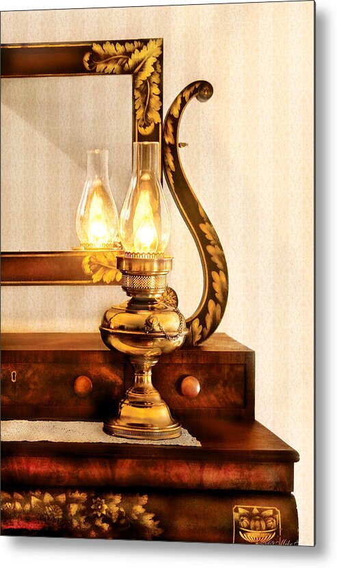 Savad Metal Print featuring the photograph Furniture - Lamp - The bureau and lantern by Mike Savad
