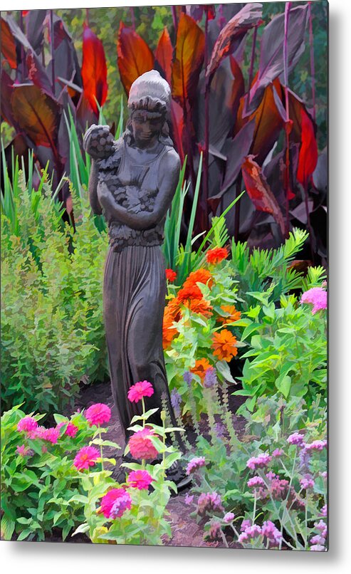 Garden Sculpture Metal Print featuring the photograph Girl with Grapes Statute in Garden by Ginger Wakem