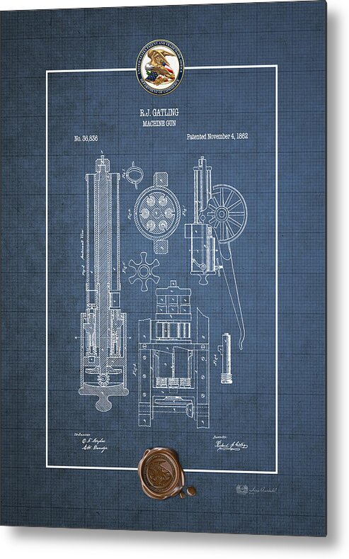 C7 Vintage Patents Weapons And Firearms Metal Print featuring the digital art Gatling Machine Gun - Vintage Patent Blueprint by Serge Averbukh