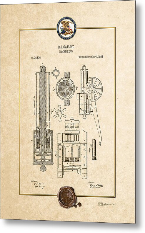 C7 Vintage Patents Weapons And Firearms Metal Print featuring the digital art Gatling Machine Gun - Vintage Patent Document by Serge Averbukh