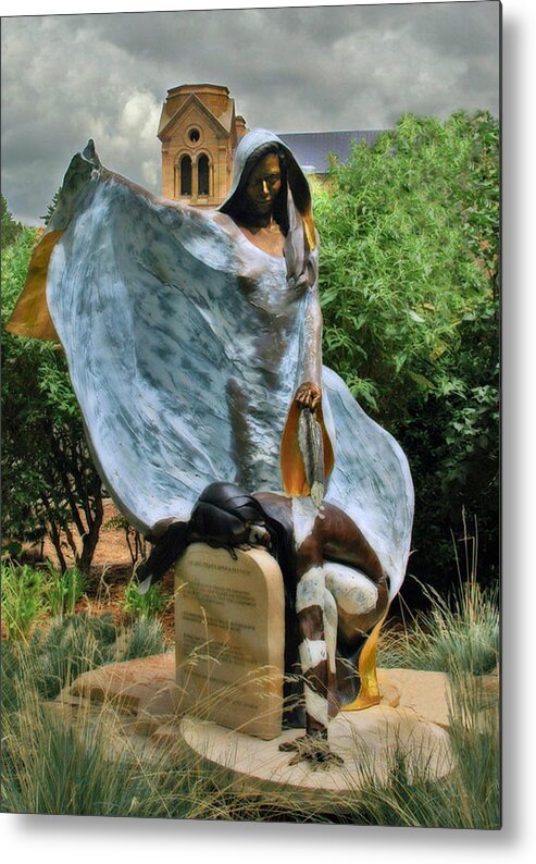 Santa Fe Metal Print featuring the photograph He Who Fights With a Feather Statute in Santa Fe by Ginger Wakem