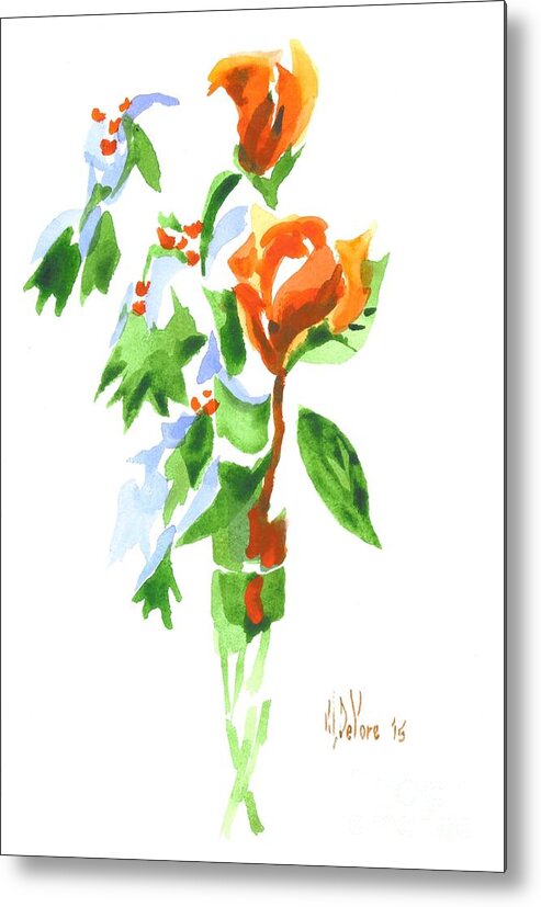 Holly With Red Roses In A Vase Metal Print featuring the painting Holly with Red Roses in a Vase by Kip DeVore