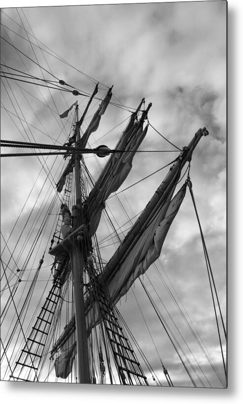 Adventure Metal Print featuring the photograph Mast and sails of a brig - monochrome by Ulrich Kunst And Bettina Scheidulin