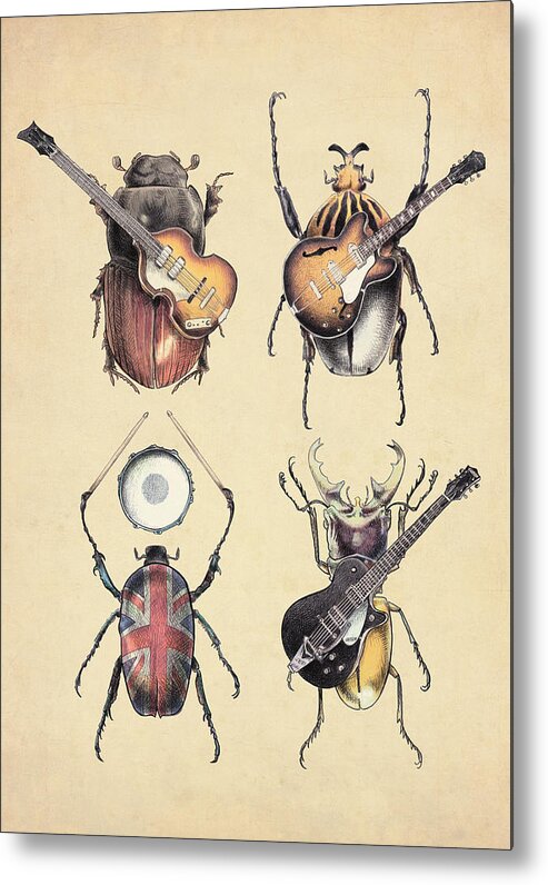 Beetles Insects Pop Music Music Rock And Roll Guitars Drums Epiphone Bass Retro 1960s British Brit Pop British Invasion Entomology Classic Union Jack Funny Electric Guitars Parody Clever Metal Print featuring the digital art Meet the Beetles by Eric Fan