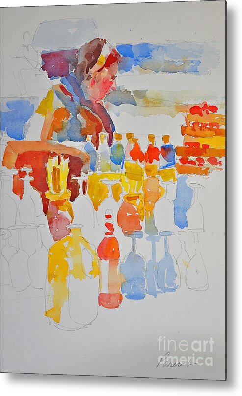 This sketch Is In A Series Of Small Studies Metal Print featuring the painting Mercado Lady with Bottles by Roger Parent