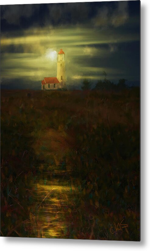 Lighthouse Metal Print featuring the digital art Moon over Lighthouse by Dale Stillman
