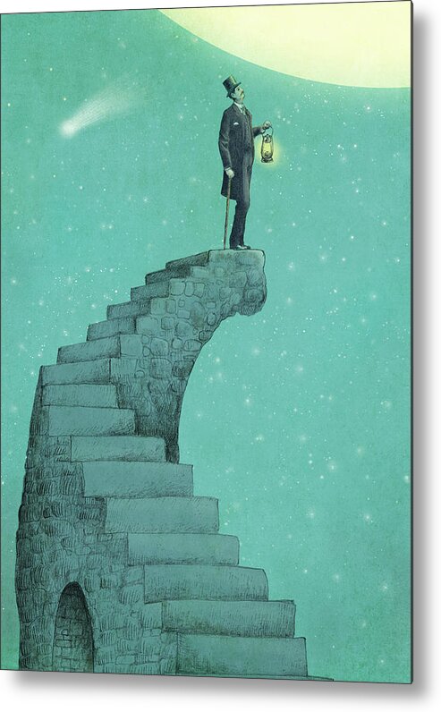 Moon Vintage Victorian Blue Green Stars Comet Top Hat Steps Staircase Astronomy Surreal Whimsical Dream Metal Print featuring the drawing Moon Steps by Eric Fan