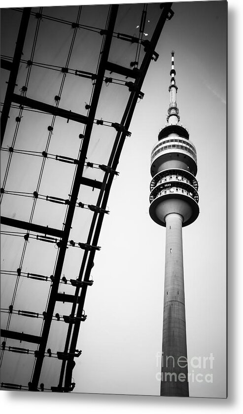 Architecture Metal Print featuring the photograph Munich - Olympiaturm And The Roof - Bw by Hannes Cmarits