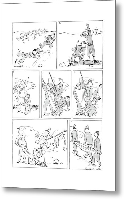 111550 Rmd Roberta Macdonald Three Medics Rush To The Aid Of A Fallen Comrade. As They Assemble The Stretcher He Slowly Gets Up. One Of Them Knocks Him Out With A Pole And They Carry Him Off. Aid Ambulance Armed Army Assemble Carry Comrade Emergency Fallen Forces Gets Health Hurt Injured Knocks Medics Navy Off One Out Pole Rescue Rush Slowly Soldiers Stretcher Them Three Two War World Wounded Wwii Metal Print featuring the drawing New Yorker November 22nd, 1941 by Roberta Macdonald