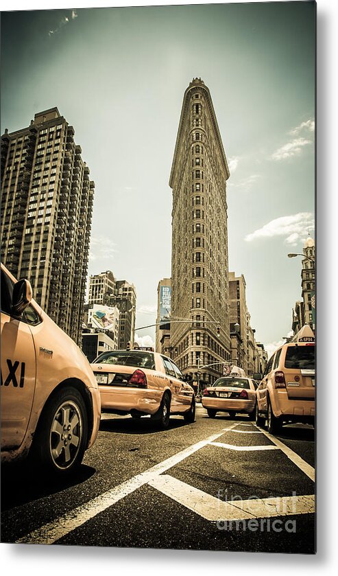Nyc Metal Print featuring the photograph NYC Yellow cabs at the flat iron building - V1 by Hannes Cmarits