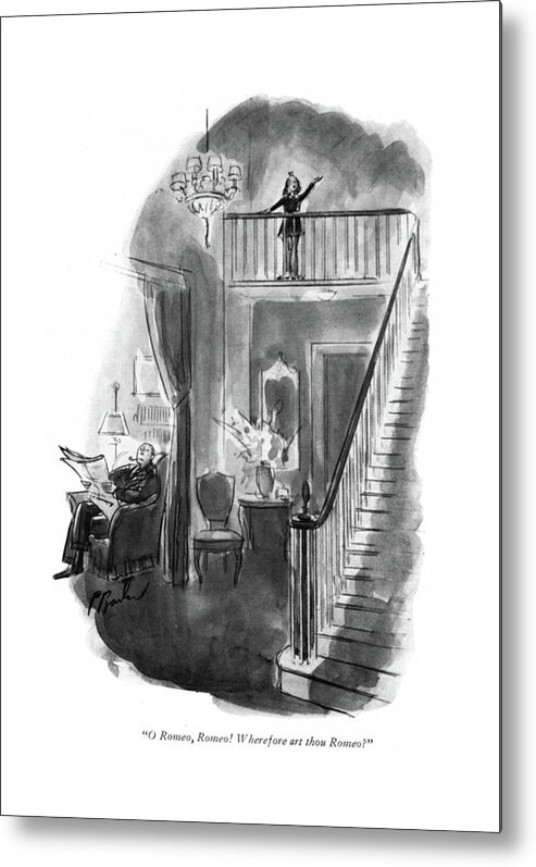 110993 Pba Perry Barlow Little Girl On Balcony Of Stairs. Acting Actress Balcony Boy Boys Childhood Children Entertainment Girl Kid Kids Little Lonely Lonesome Play Plays Shakespeare Stairs Theater Theatre Youth Metal Print featuring the drawing O Romeo, Romeo! Wherefore Art Thou Romeo? by Perry Barlow