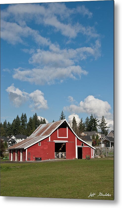 Agricultural Activity Metal Print featuring the photograph Old Red Barn and Puffy Clouds by Jeff Goulden