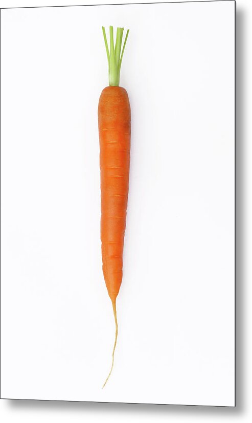White Background Metal Print featuring the photograph One Fresh, Organic Carrot With Leaves by Rosemary Calvert
