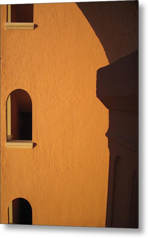 Orange Metal Print featuring the photograph Orange building with archway by Mary Bedy