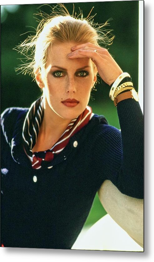 Beauty Metal Print featuring the photograph Patti Hansen Wearing A Striped Scarf by Arthur Elgort